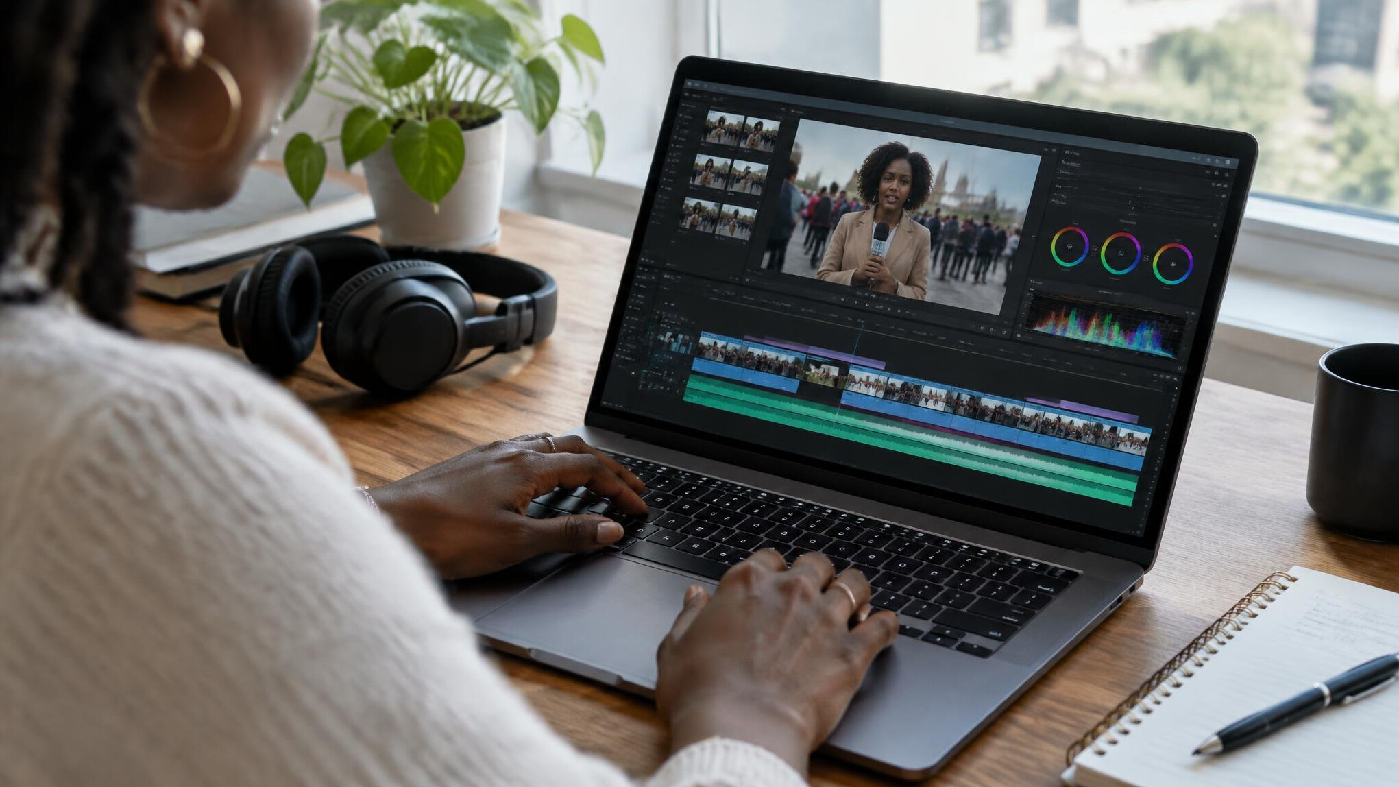 Video editor reviewing event footage on a laptop timeline