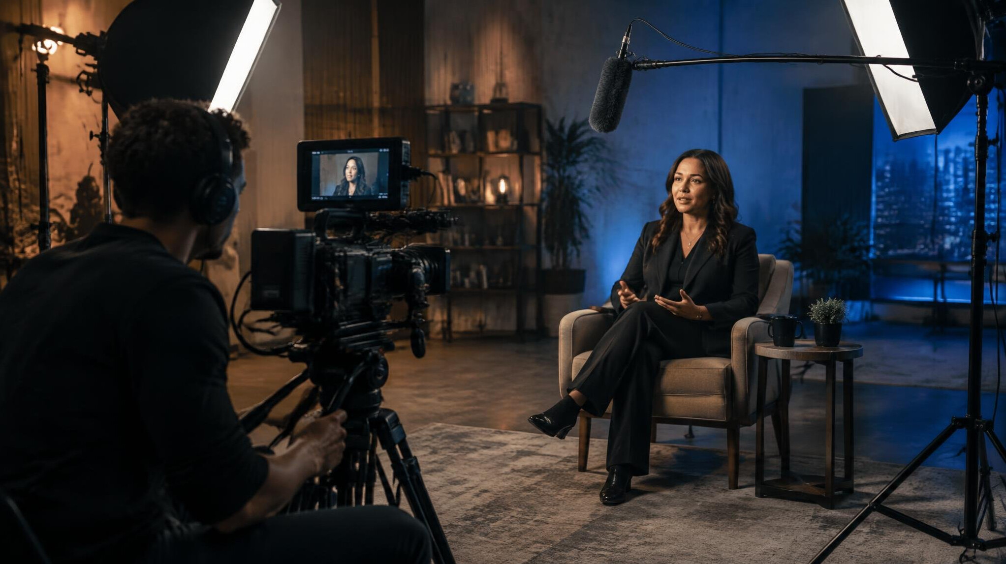 Camera operator filming an interview under studio lighting