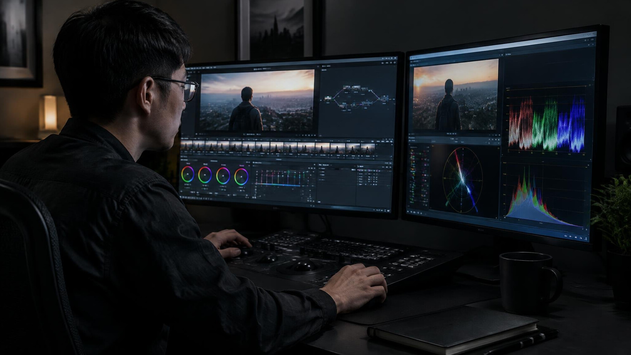 Editor color grading footage on multiple monitors