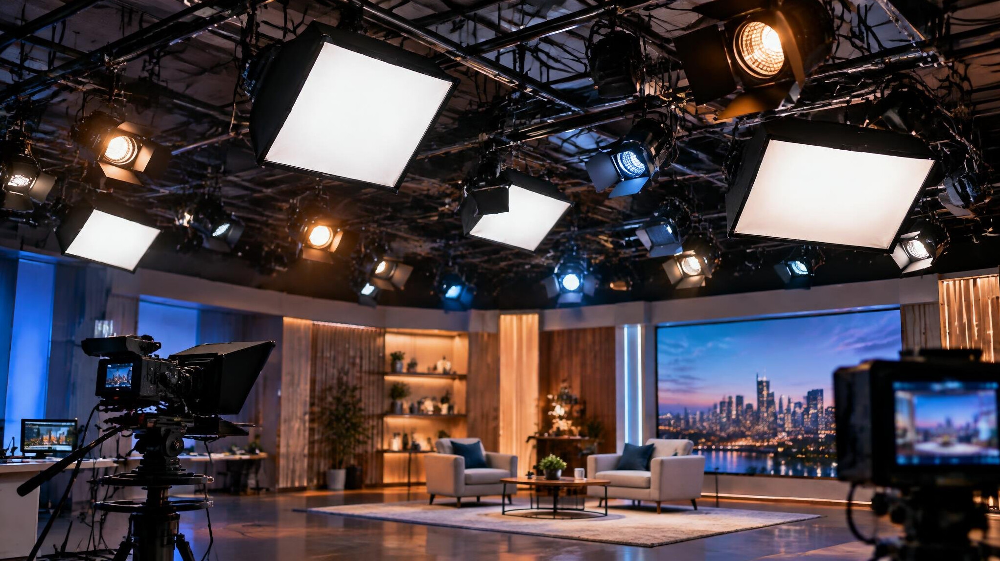 Lighting grid rigged above a studio set